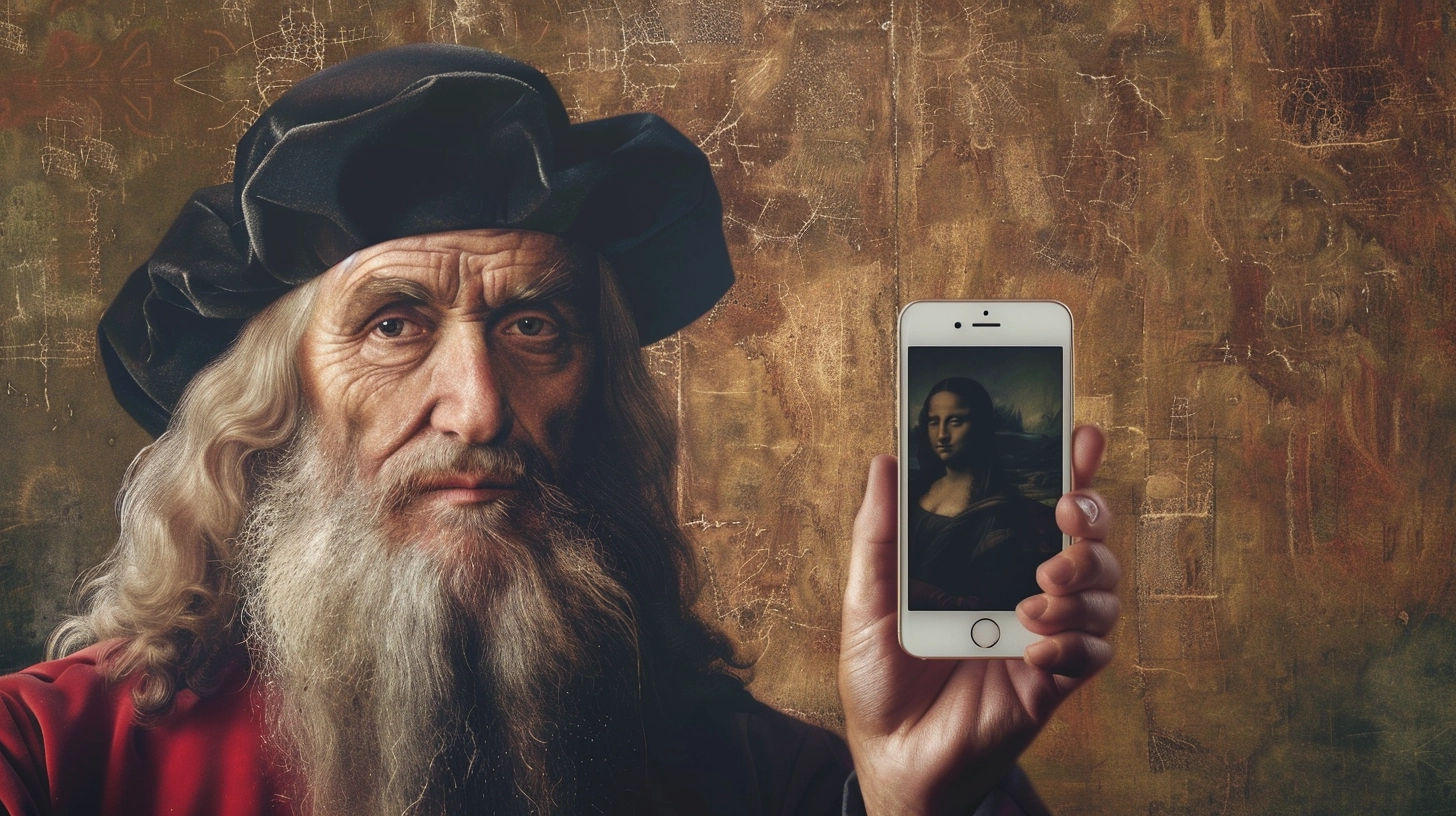 The painting depicts a man who appears to embody the historical figure Leonardo da Vinci, dressed in traditional clothing with a black beret. His facial expression is serious and penetrating, with a long white beard and hair that matches his historical appearance. Interestingly, he is holding a modern smartphone with the famous "Mona Lisa" painting on the screen. This combination of antique clothing and modern technology creates a fascinating contrast and connects the past with the present. The background is rustic and reminiscent of an old wall with abstract patterns, which emphasizes the historical aspect of the image.