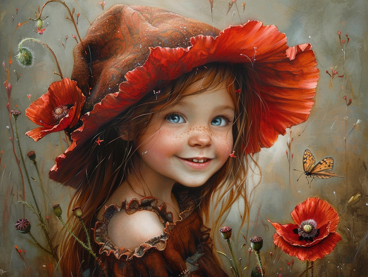 This image is a captivating artwork that portrays a young girl with an enchanting smile. She has sparkling blue eyes, rosy cheeks speckled with freckles, and her hair is gently tousled. Her head is adorned with a wide-brimmed hat fashioned from a large, ruffled red flower that adds a touch of whimsy to her look. Around her, a variety of poppies and their buds in various stages of bloom create a lovely and organic atmosphere. Floating nearby, a butterfly with wings matching the hues of the flowers adds a dynamic element to the composition. The background is a textured blend of neutral tones that give the impression of an aged painting, focusing all attention on the vibrant subject at the center. The overall effect is one of timeless beauty captured within a serene, almost fairy-tale setting. All images can be ordered on the website: https://ai-artwork.gallery as posters or printed on canvas in various sizes. #fairytalechildhood #flowermagic #connectedtonature #poetryinportraits #joyfulsmiles #children'sartwork #magicalmoments #colorfulchildhood #fantasticart #poppyplay #livelypainting #children'shappiness #artwithheart #butterflycompanion #dreamworlds